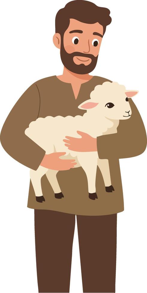 Man holding white lamb in arms illustration of farm animal care and rural lifestyle scene vector