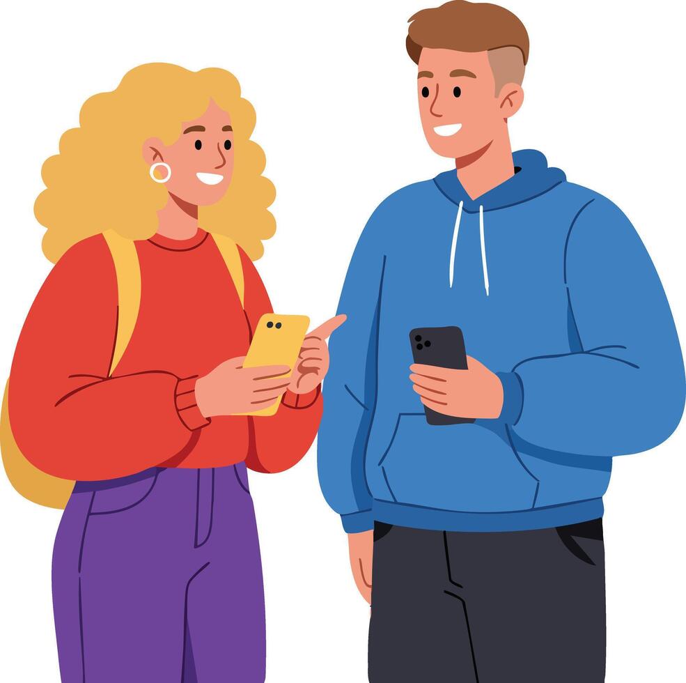 Young man and woman using smartphones in casual clothing smiling and chatting illustration vector