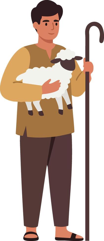 Shepherd holding a lamb with staff in simple flat design illustration of pastoral life and animal care vector