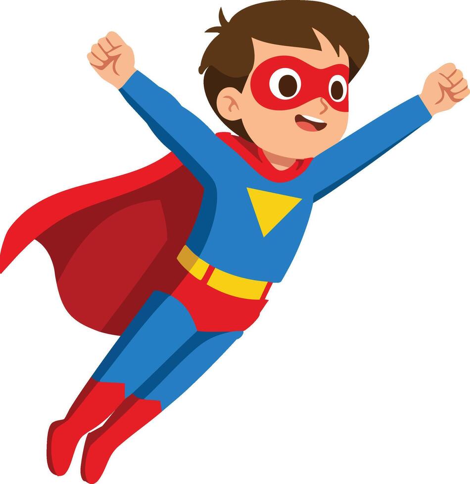 Boy dressed as superhero flying in red cape and blue suit illustration vector