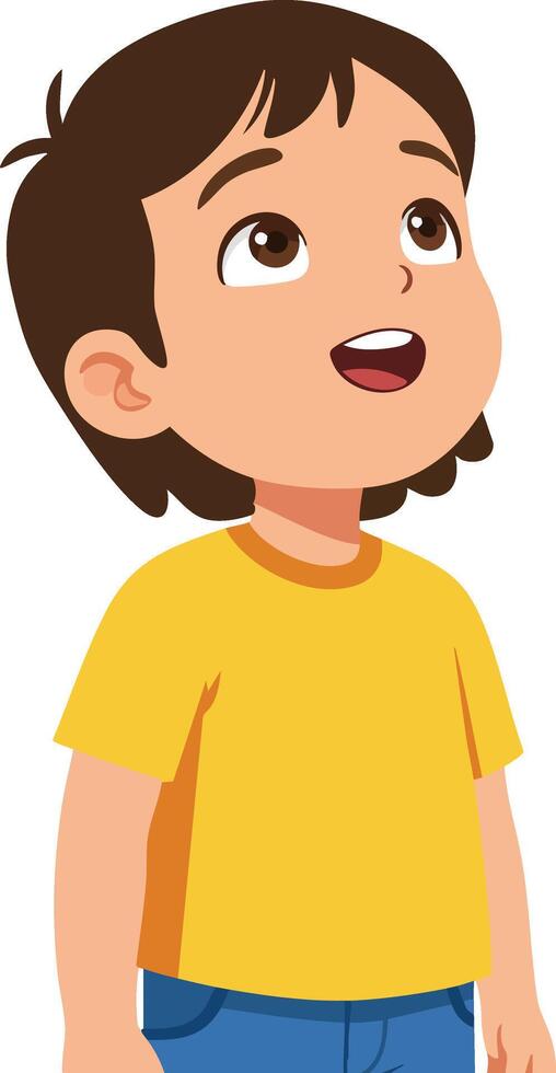 Young boy looking up with curious expression in casual yellow shirt and blue pants illustration vector