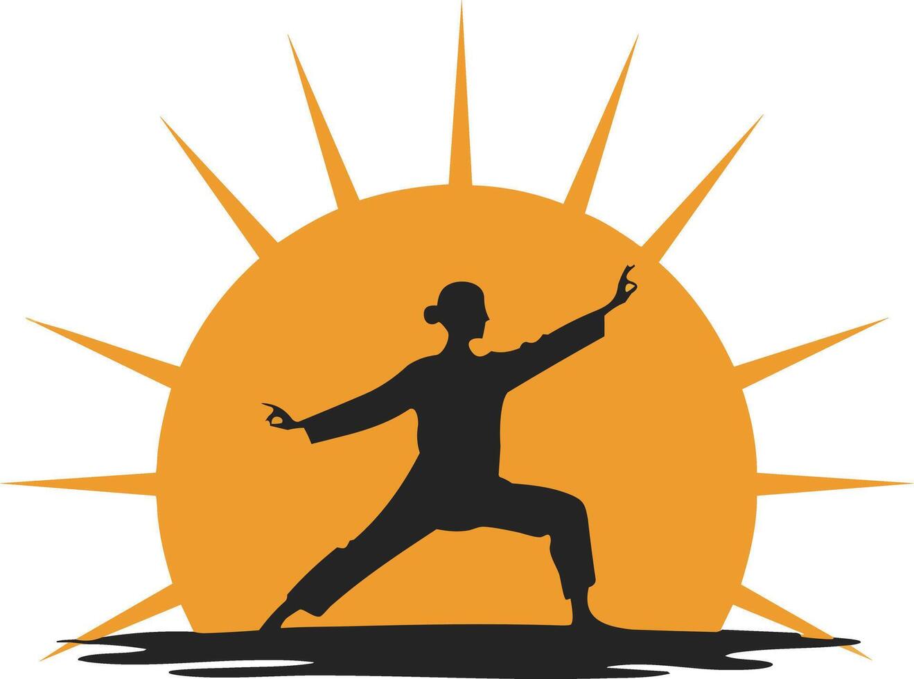 Silhouette of person practicing martial arts in front of orange rising sun illustration vector