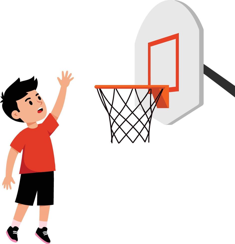 Young boy playing basketball scoring a goal with orange hoop and net illustration vector