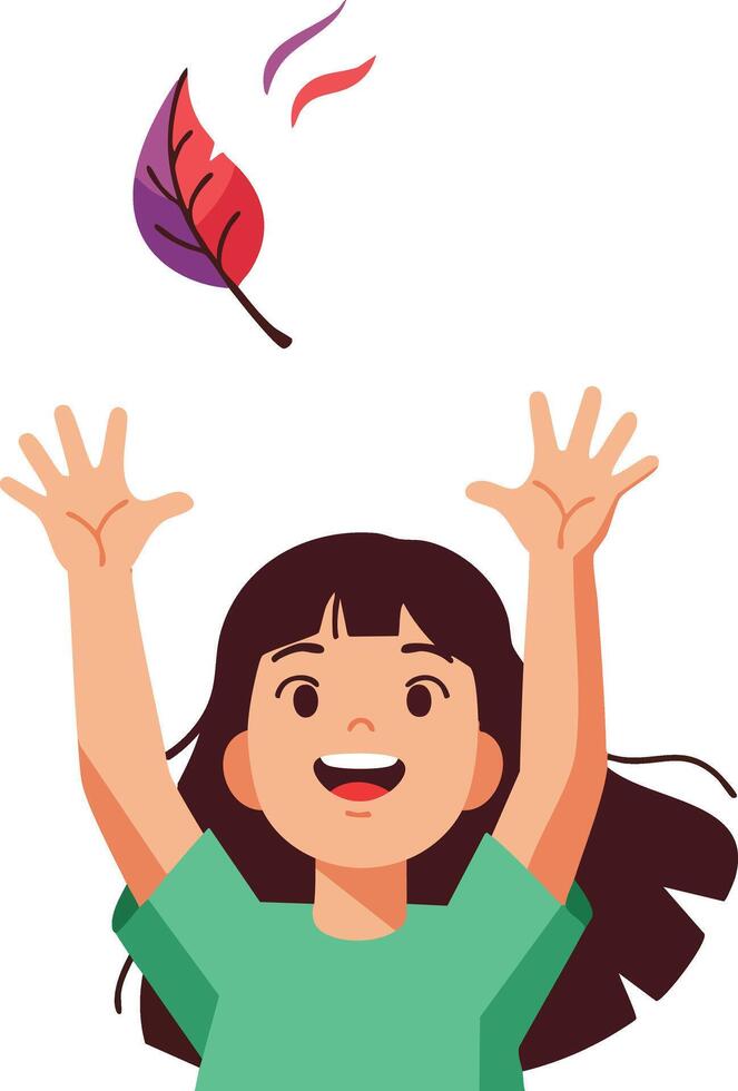 Girl catching falling leaf in green shirt playful autumn activity illustration vector