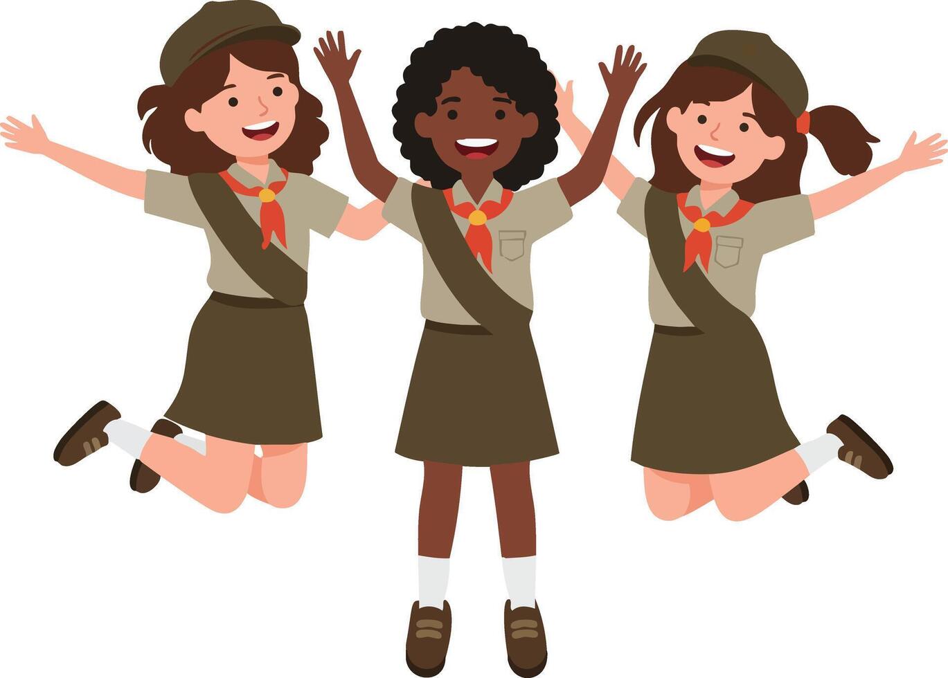 Girl scouts jumping together wearing uniforms and hats in joyful celebration illustration vector