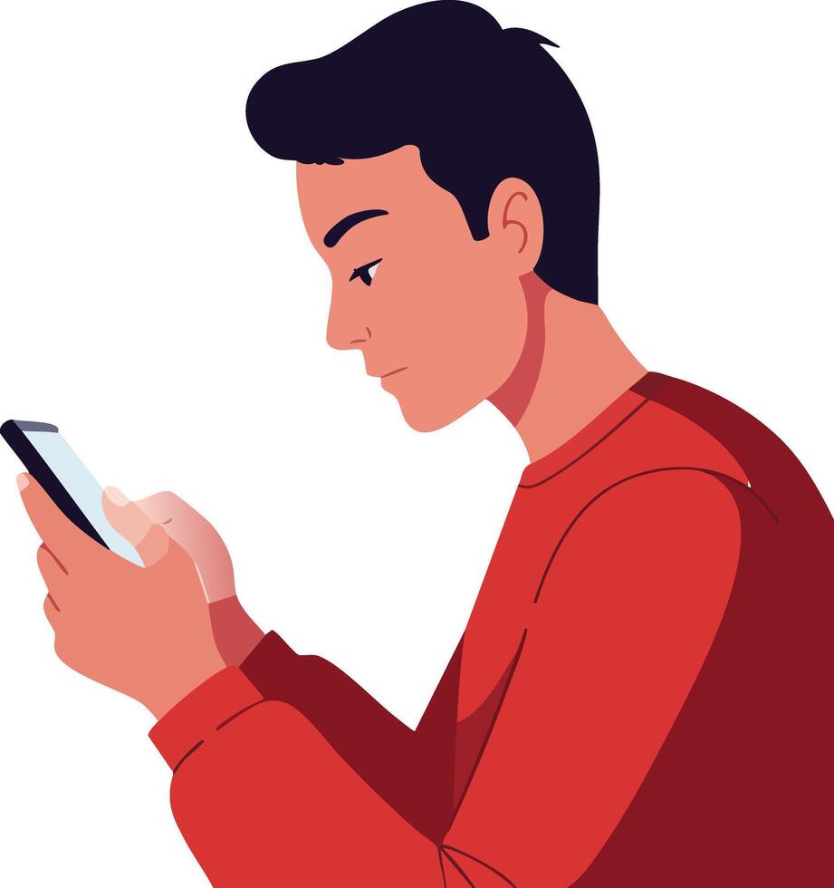 Young man focused on smartphone screen using mobile device in casual red long sleeve shirt illustration vector
