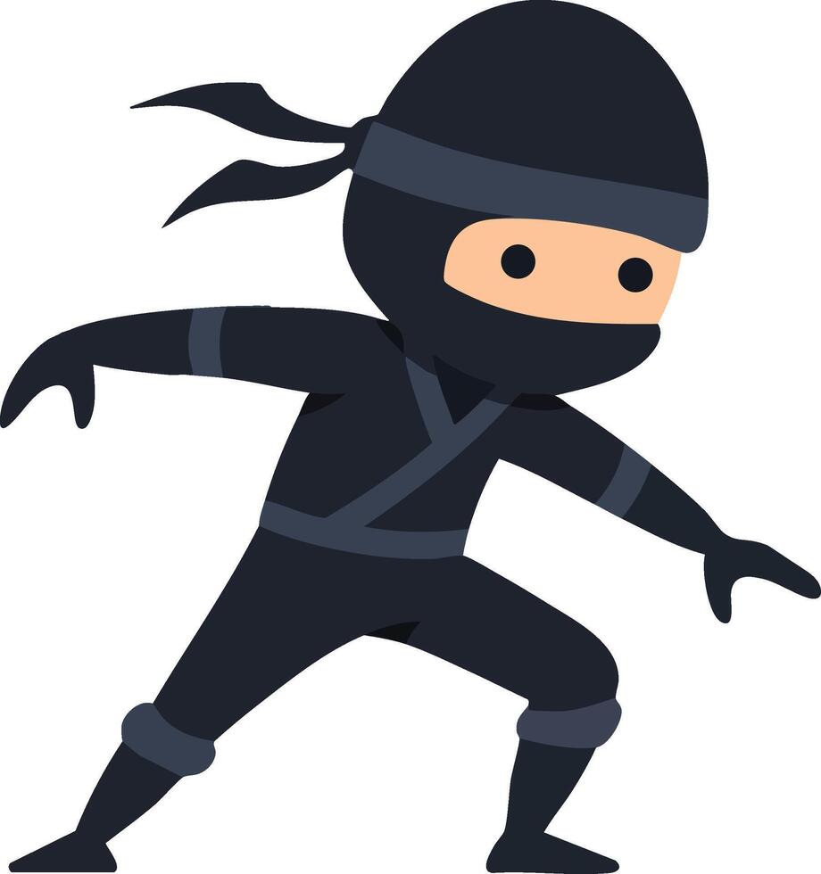 Ninja character in black outfit with mask and headband in action pose fighting stance illustration vector