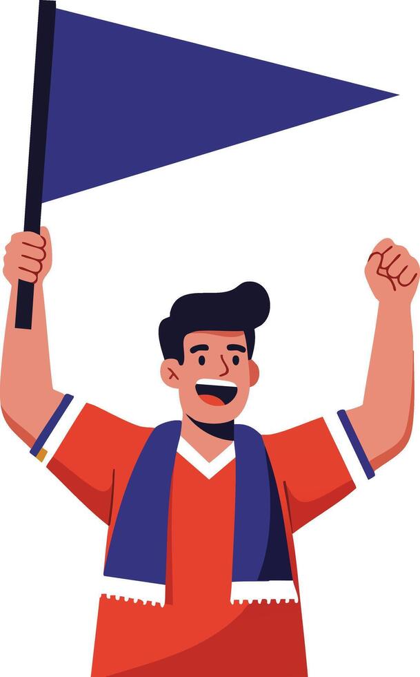 Sports fan cheering with blue flag and scarf in red shirt illustration for game celebration and support vector