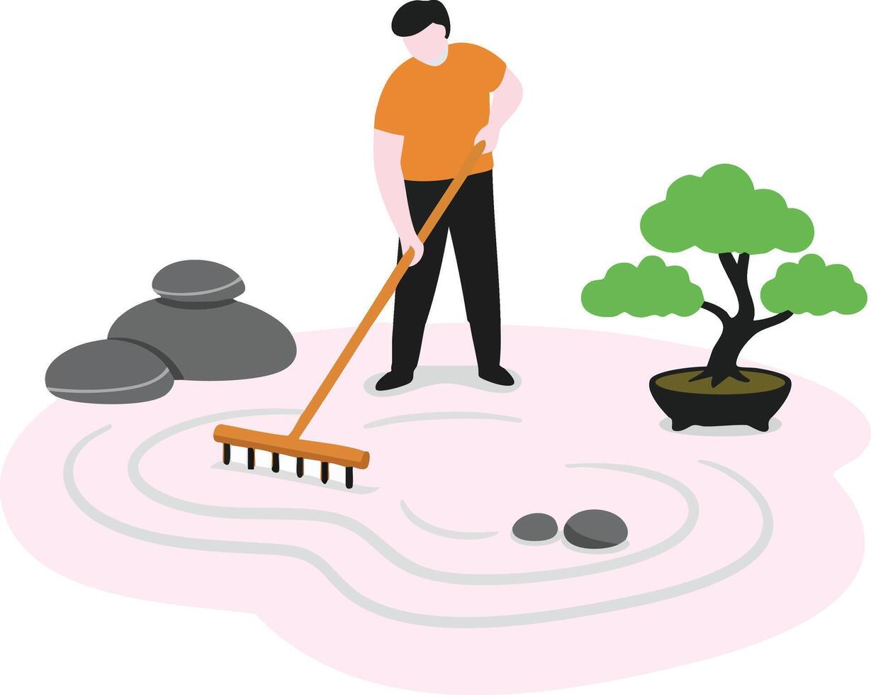 Person Raking Zen Garden with Stones and Bonsai Tree in Minimalist Style Illustration vector