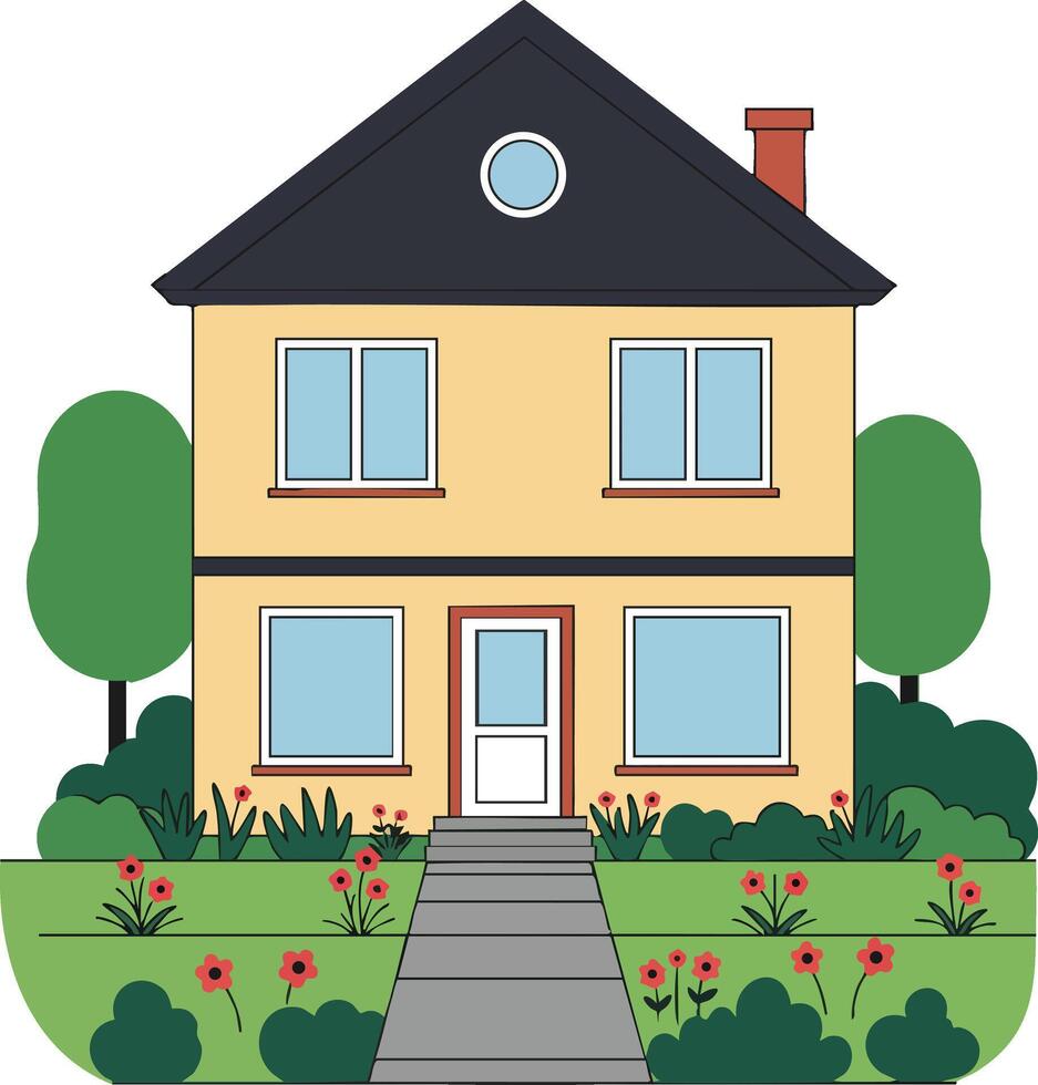 Two story yellow house with garden pathway and green trees illustration vector