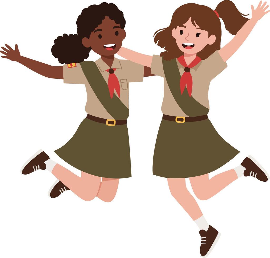 Two joyful girl scouts jumping together in uniform with red scarves and brown shoes illustration vector