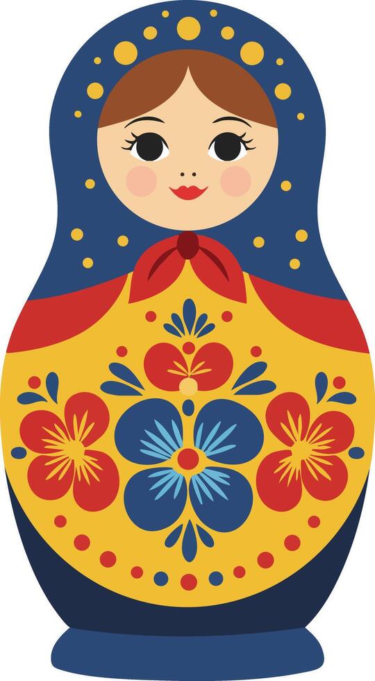 Russian nesting doll matryoshka with traditional floral pattern in blue red and yellow illustration vector
