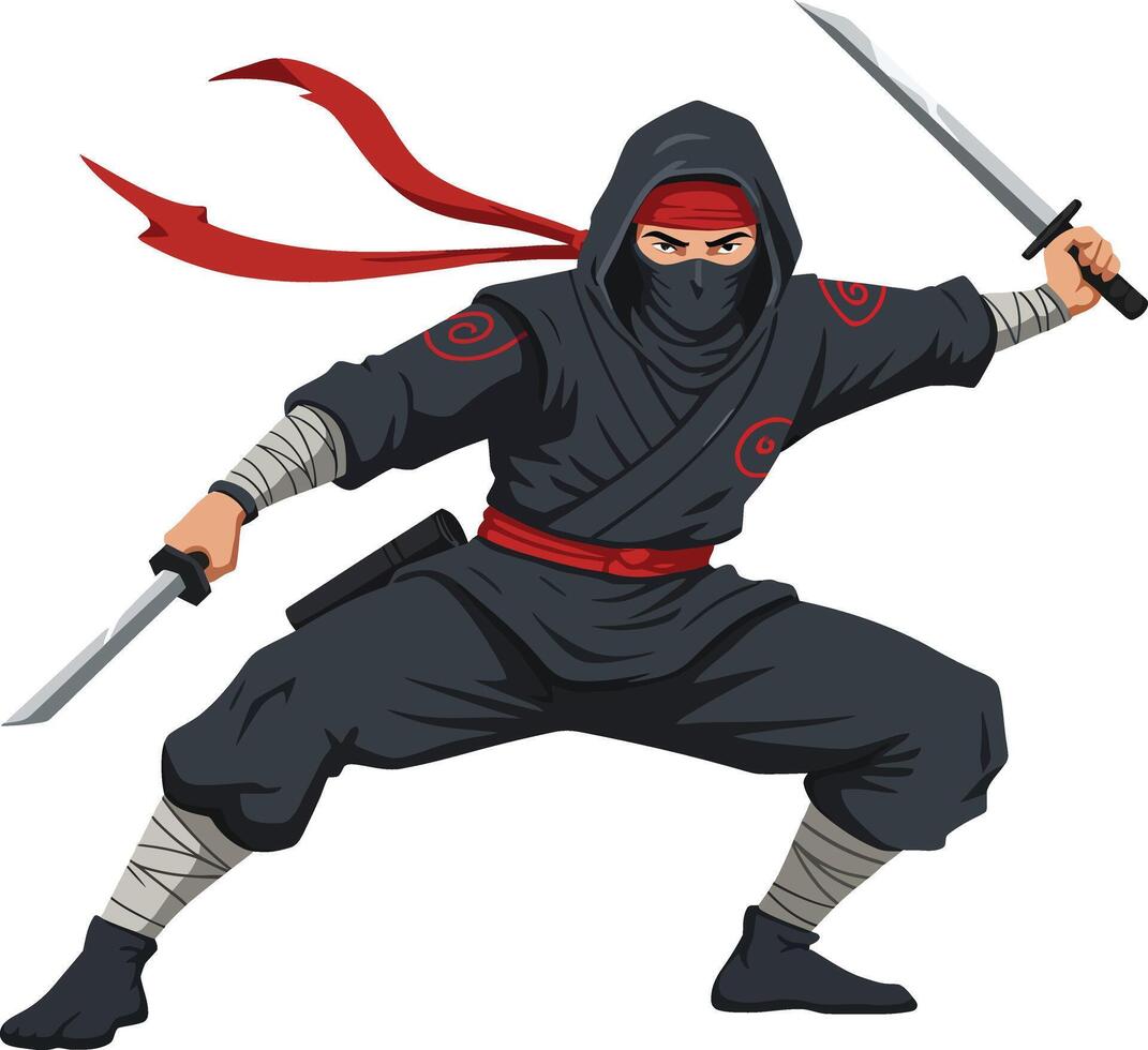 Ninja warrior in black outfit with red scarf holding swords in battle stance illustration vector