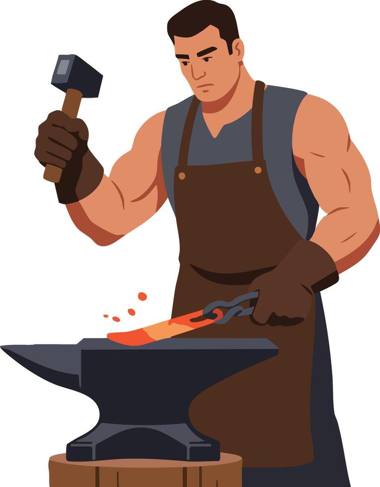 Blacksmith forging hot metal on anvil with hammer in workshop i vector