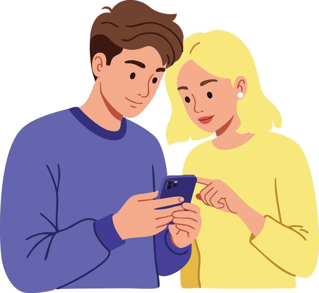 Young man and woman using smartphone together in casual interaction illustration vector