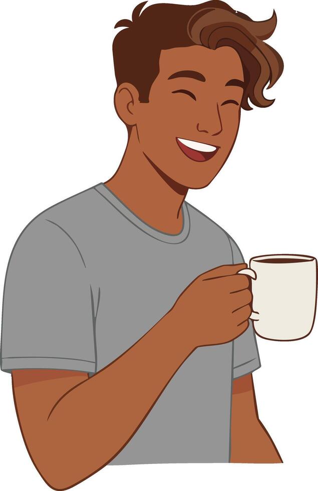Smiling man enjoying hot drink holding white cup happy casual lifestyle illustration vector