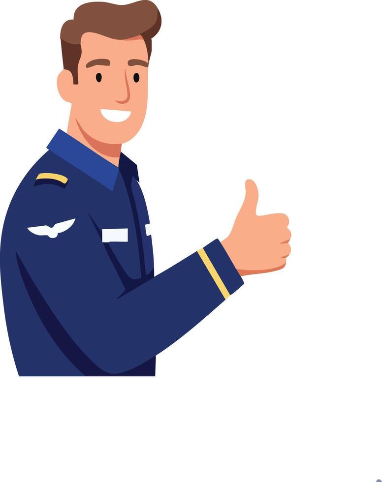 Male pilot in blue uniform giving thumbs up gesture smiling illustration vector