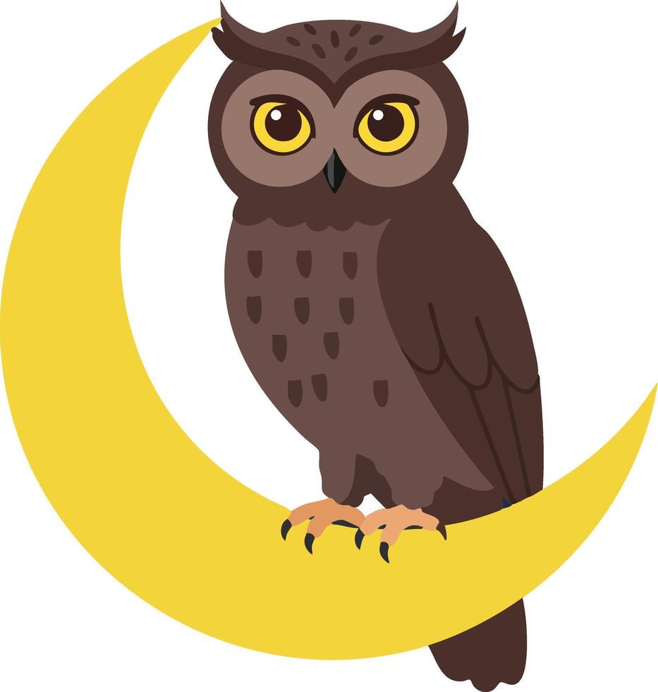 Brown owl sitting on yellow crescent moon illustration with nocturnal theme and simple design elements vector