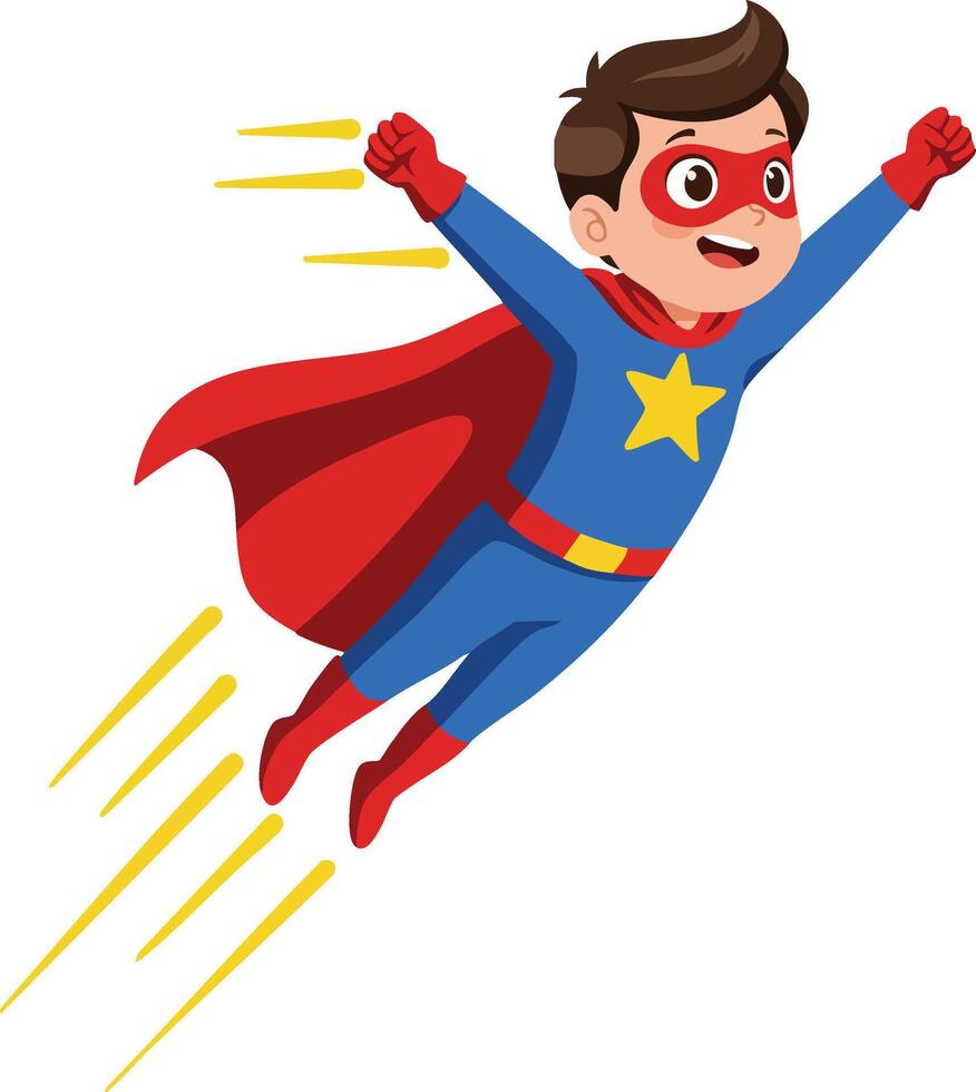 Flying superhero child in red cape and blue suit with yellow star cartoon character illustration vector