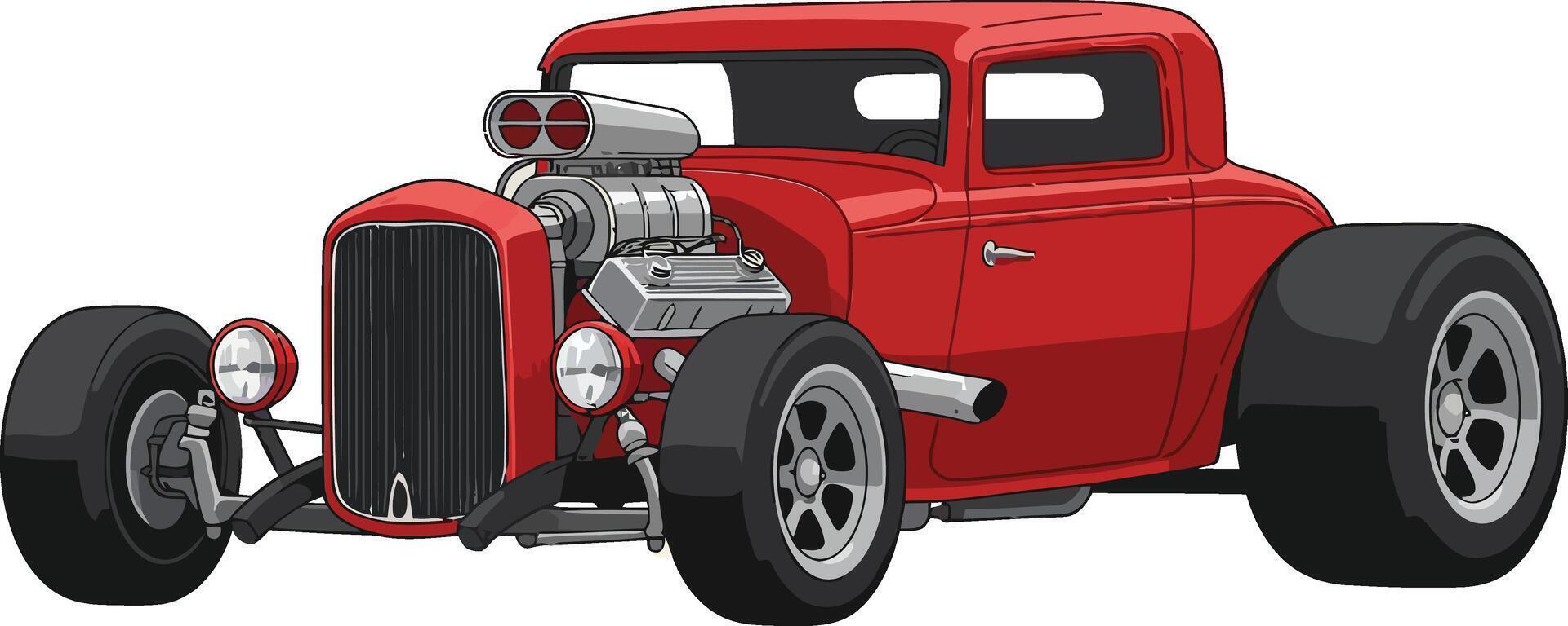 Red hot rod classic muscle car with large engine and wide tires illustration vector