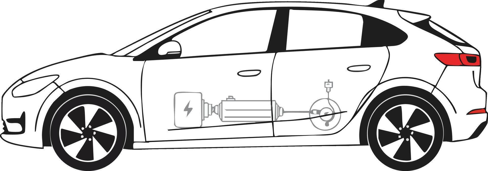 Electric car side view with battery and motor schematic illustration in black and white design vector
