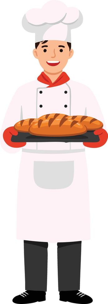 Chef holding freshly baked bread loaf in kitchen uniform and hat illustration vector