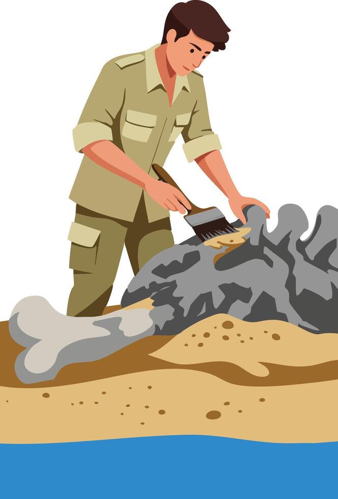 Archaeologist Excavating Dinosaur Fossil on Riverbank in Outdoor Paleontology Scene Illustration vector