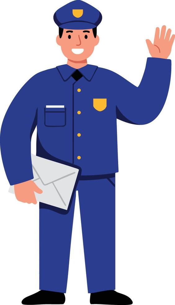 Police officer in blue uniform holding envelope waving hand illustration vector
