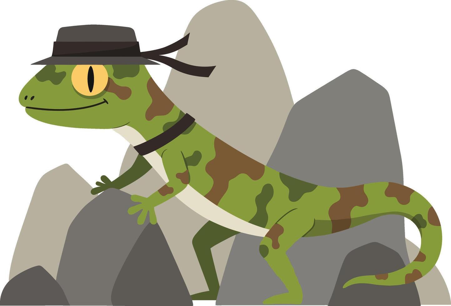 Camouflaged lizard wearing black hat on gray rocks in natural habitat illustration vector