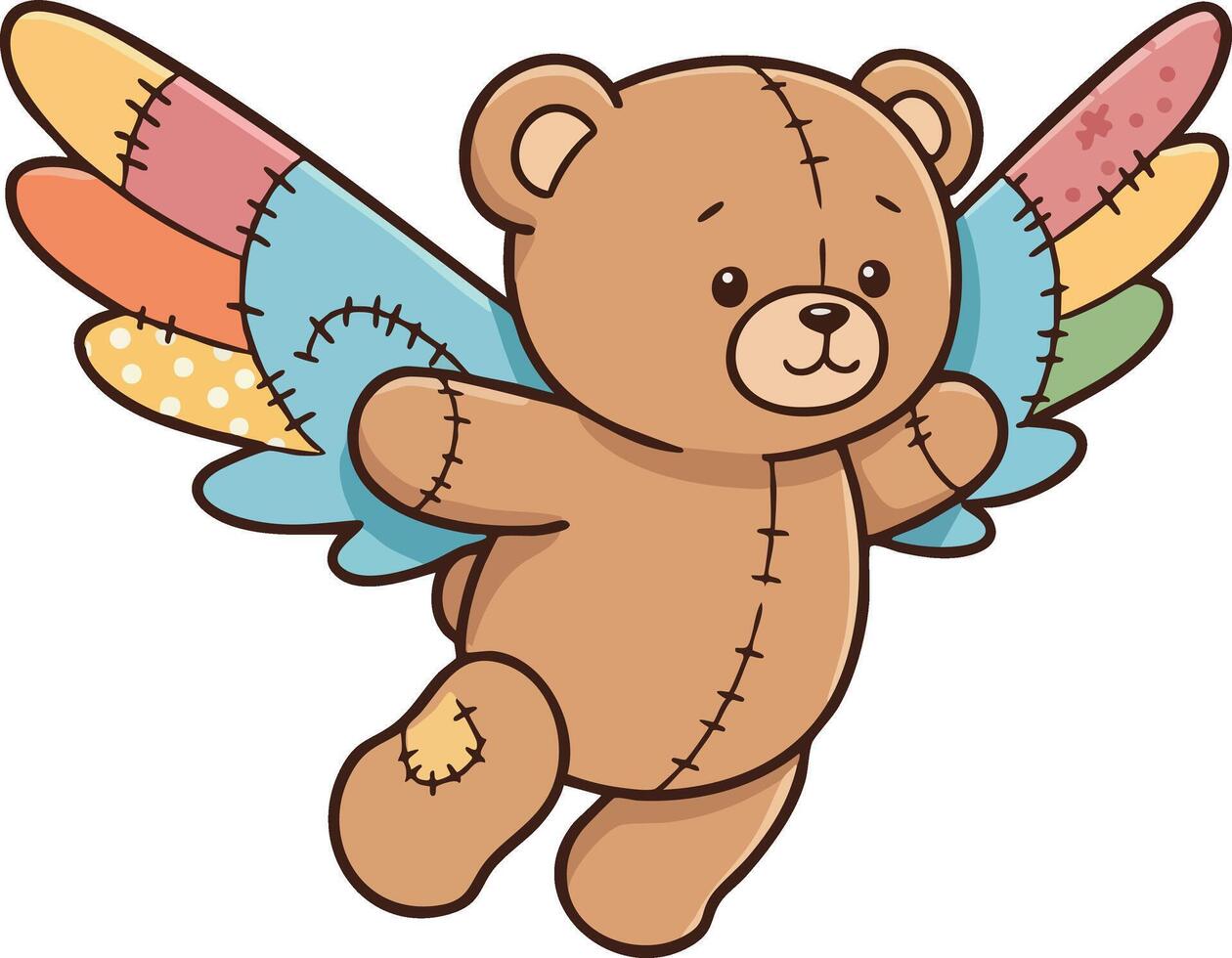 Teddy bear with colorful patchwork wings flying cute illustration design vector