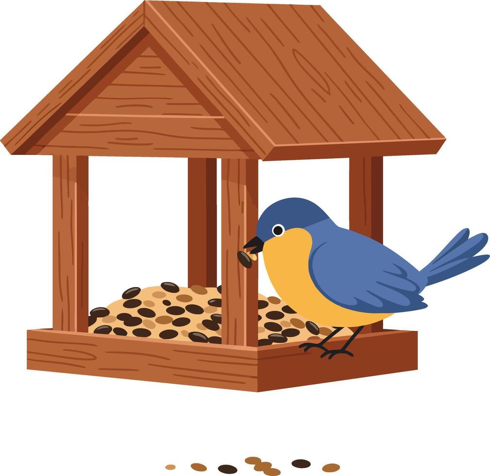 Bird eating seeds at wooden bird feeder with simple design and natural colors illustration vector