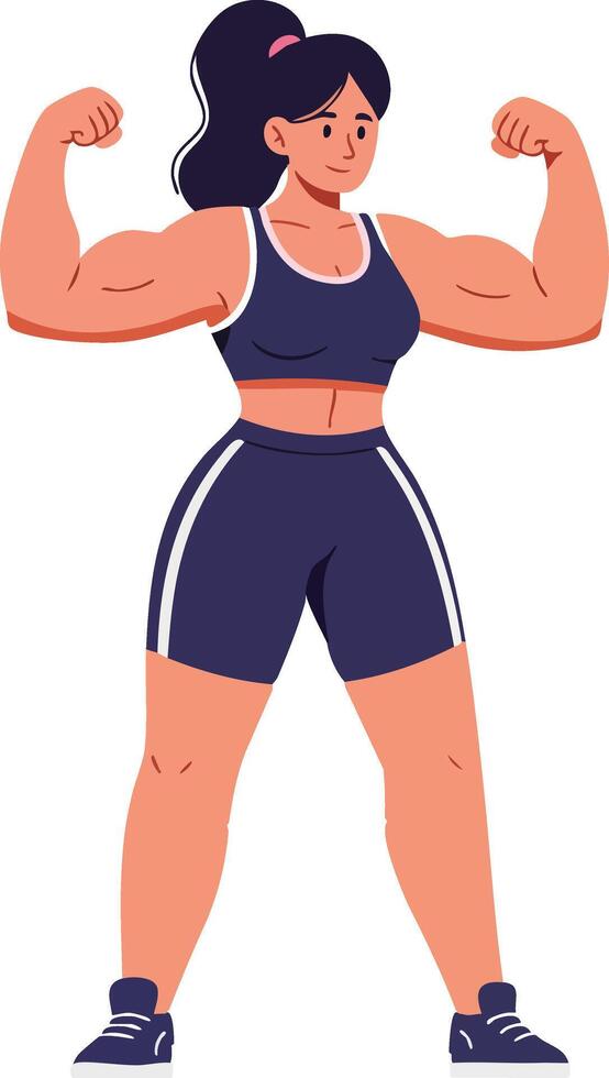 Strong muscular woman fitness athlete flexing biceps in sportswear illustration vector