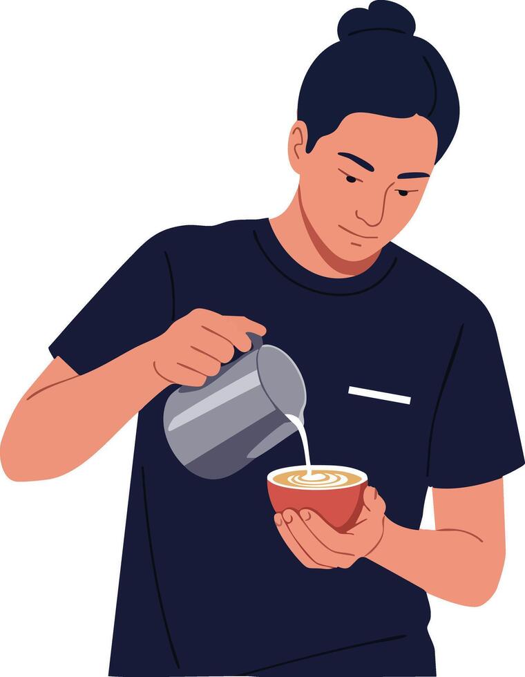 Barista pouring steamed milk into coffee cup creating latte art illustration in casual outfit vector