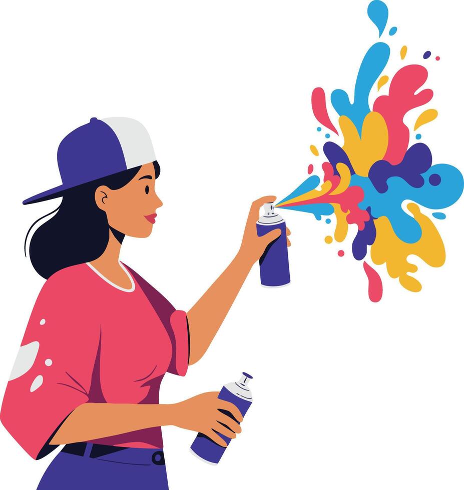 Woman creating colorful street art graffiti with spray paint cans in urban style illustration vector