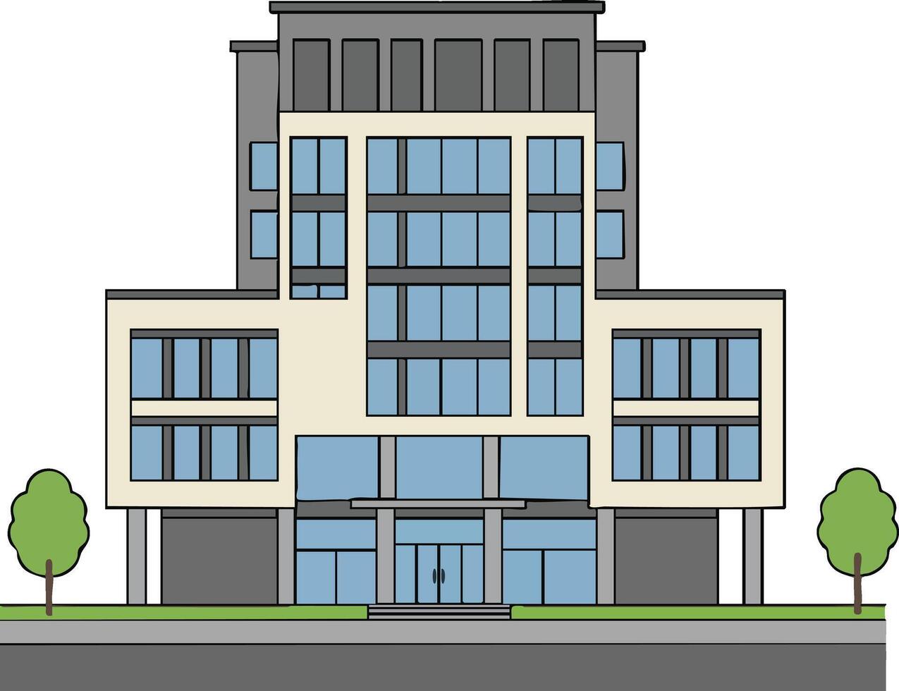 Modern office building with glass windows and trees on urban street illustration vector