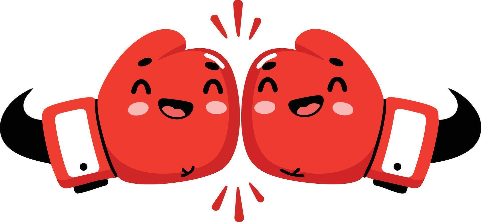 Red boxing gloves with happy faces bumping together cheerful sports illustration design vector