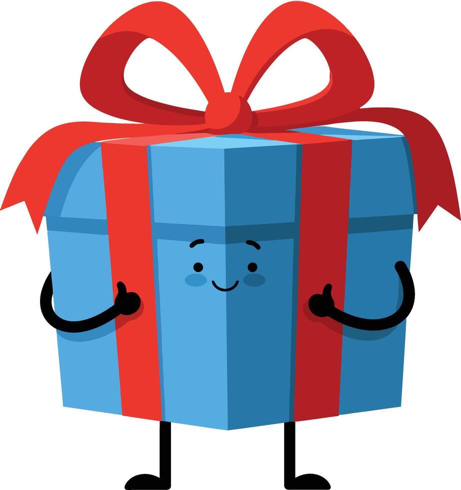 Blue gift box with red ribbon bow character smiling happy present illustration vector