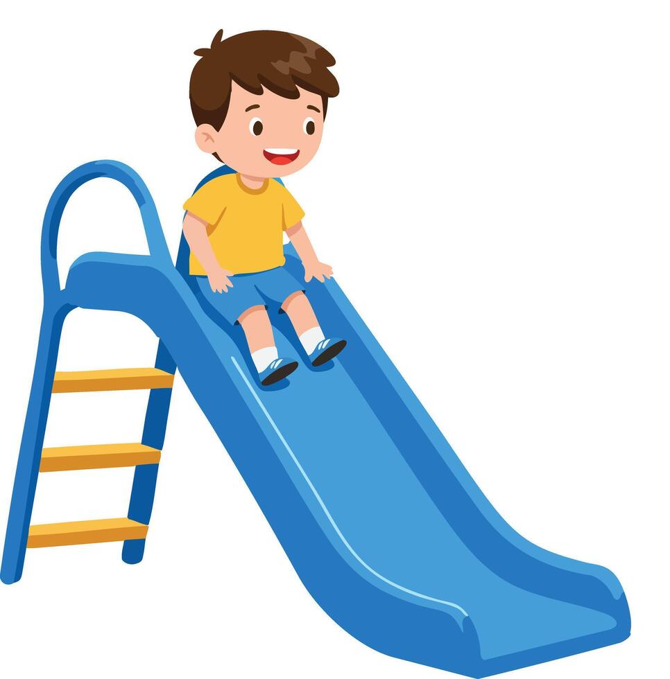 Boy enjoying blue playground slide climbing ladder outdoor illustration vector