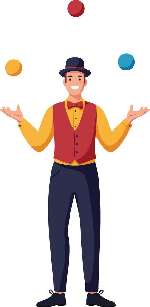 Male Juggler Wearing Red Vest and Bow Tie Juggling Three Colorful Balls in Flat Style Illustration vector