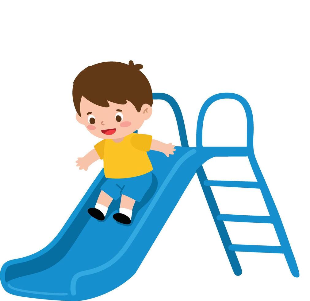 Boy sliding down blue playground slide happy child playing outdoors fun activity illustration vector