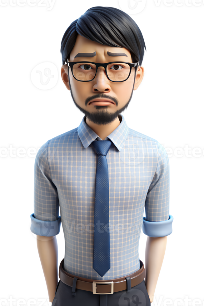 3d style, A scruffy male office worker with a beard and glasses. He looks bored with his arms at his side. png