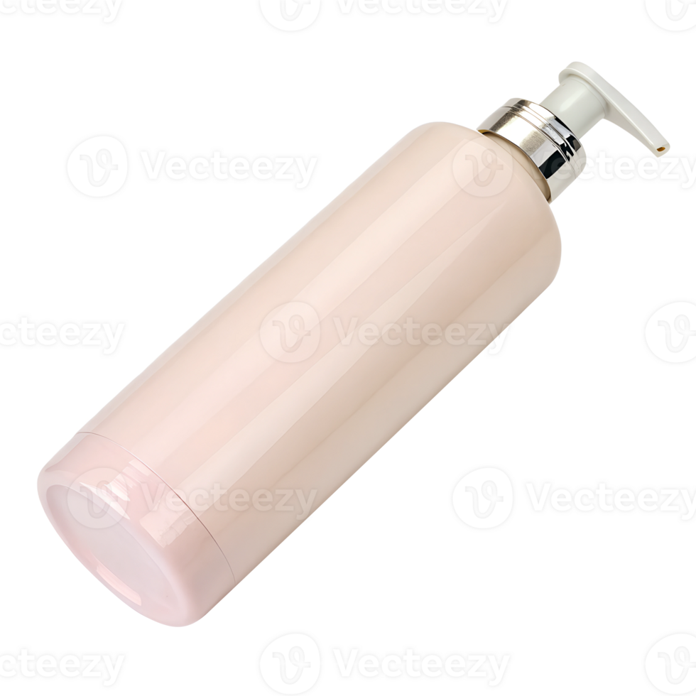 A sleek, cylindrical shampoo bottle in a soft pink pastel color with a pump dispenser png