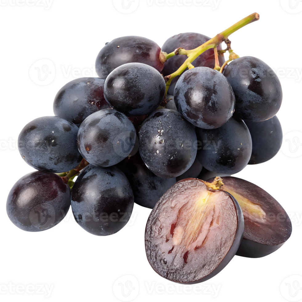A cluster of plump, dark purple-black grapes with smooth, glossy skins, displayed alongside one halved grape, with slice png