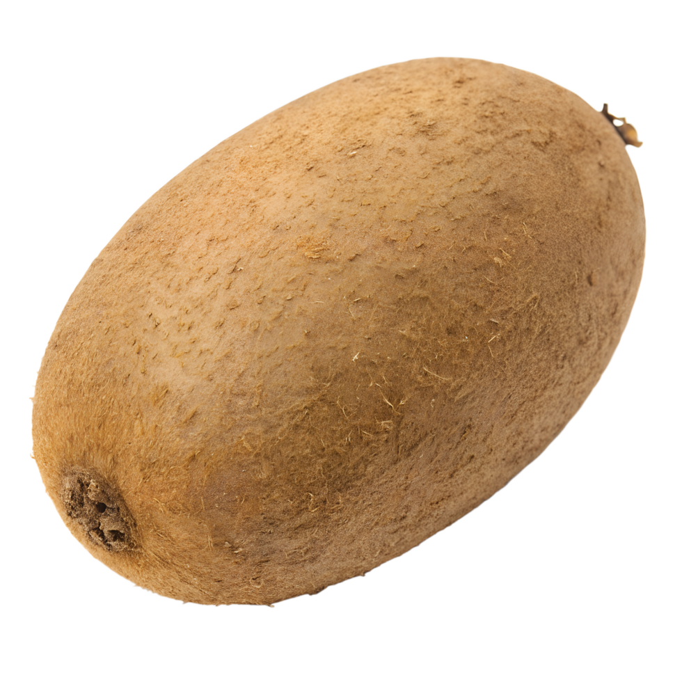 A whole kiwi fruit with brown fuzzy skin, oval shape, small stem, isolated on a transparent background, studio lighting, high resolution png