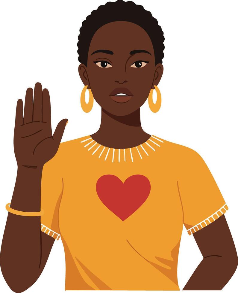 Woman with raised hand wearing orange shirt with red heart symbol showing stop gesture in illustration vector