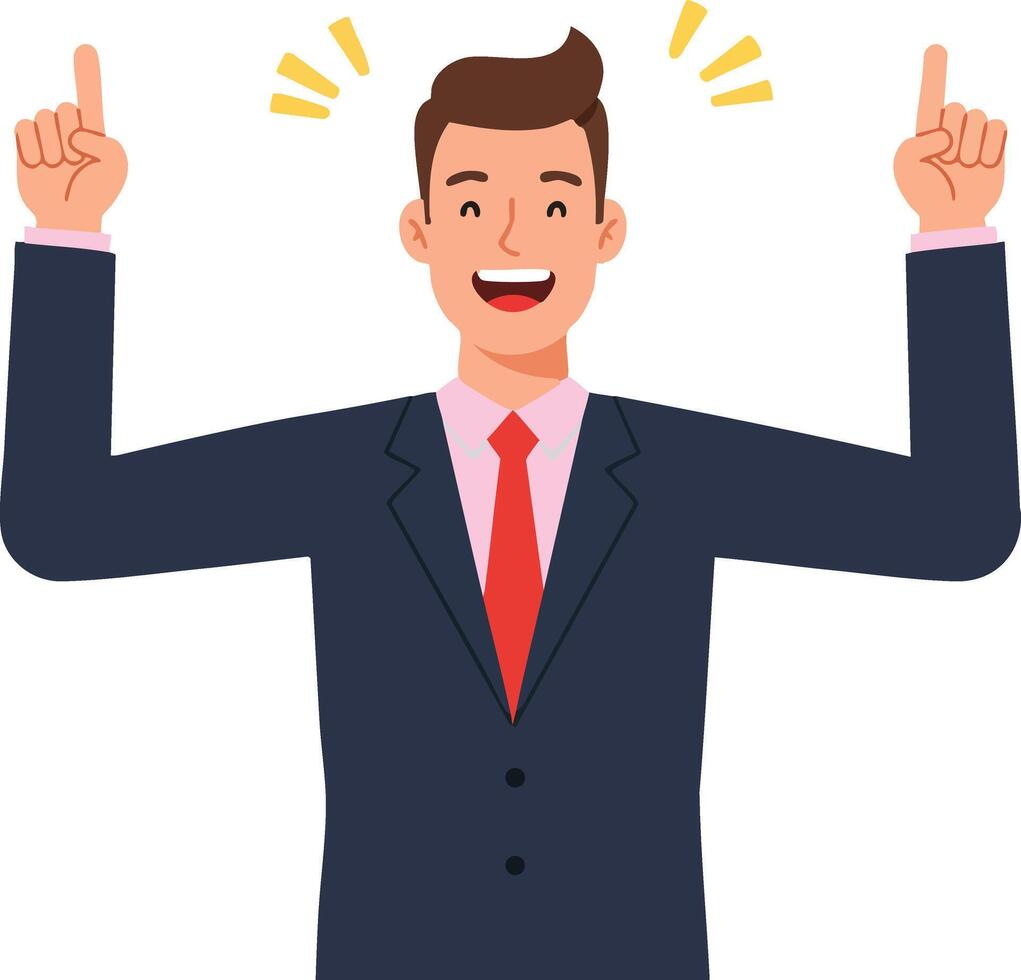 Businessman in navy blue suit pointing up with happy expression illustration vector