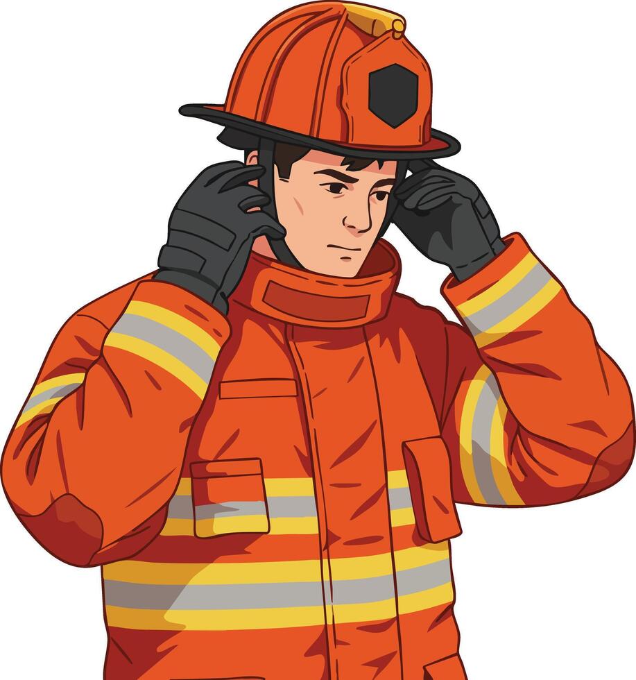 Firefighter in orange protective uniform adjusting helmet and gloves safety gear illustration vector