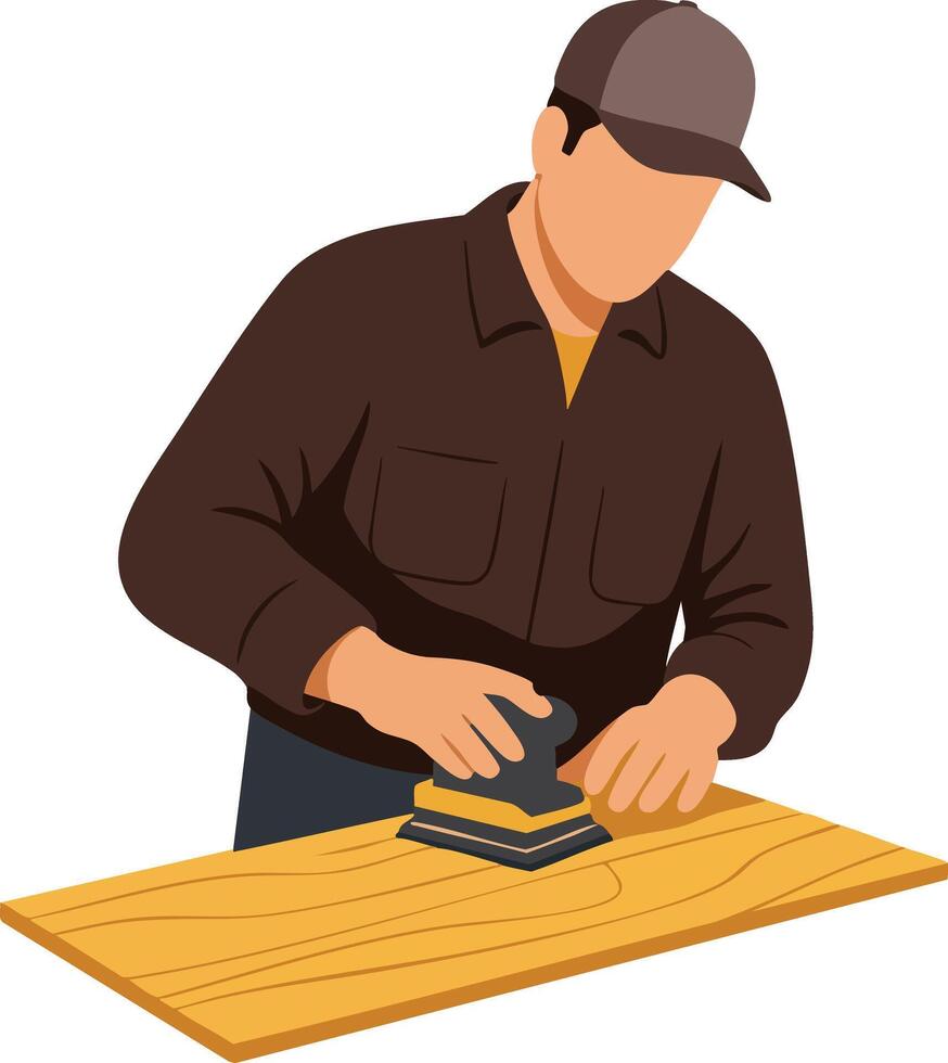 Man sanding wooden board with electric sander tool in workshop for woodworking projects and craftsmanship vector