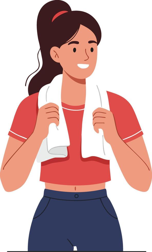 Young woman with towel around neck after workout in casual sportswear smiling and resting vector