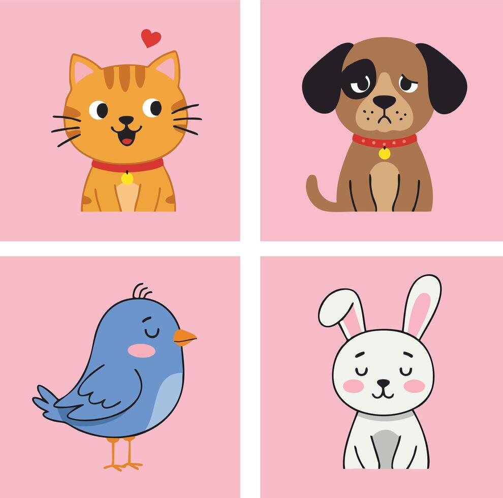 Cute cartoon cat dog bird and rabbit characters with pink background illustration vector